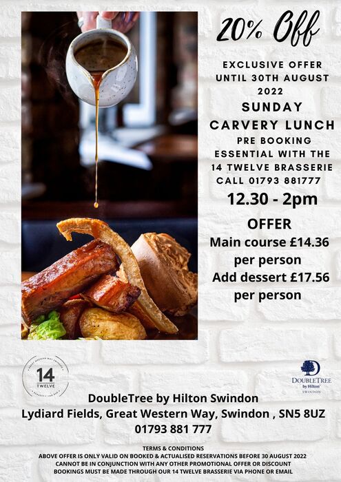 20% OFF Doubletree by Hilton Swindon's Sunday Carvery Lunch