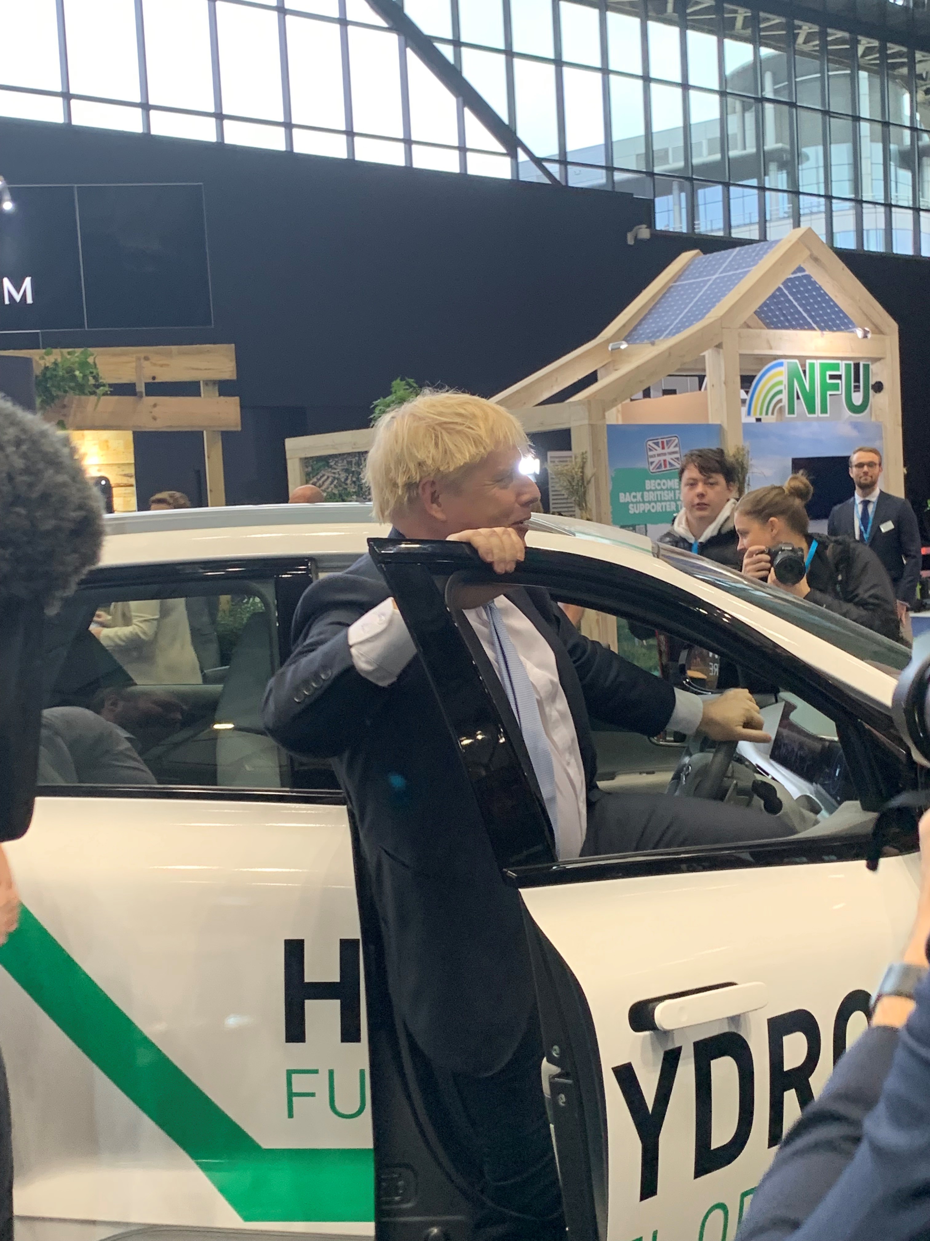 PM Boris Johnson climbs behind the wheel of a hydrogen car from Swindon